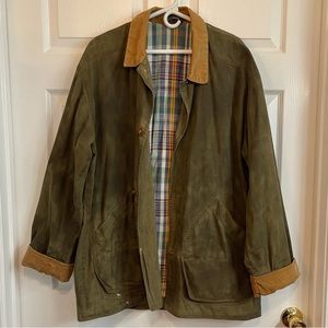 Vintage J Crew 1990s Green Barn Jacket Chore Coat large oilcloth corduroy